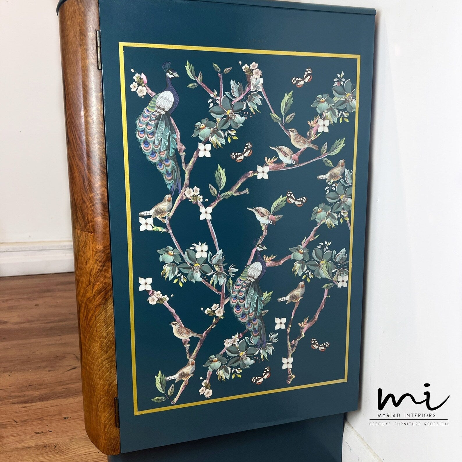 Art Deco Cocktail, Vintage Nathan Drinks Cabinet, skænk, Upcycled Gin Bar, Walnut, Teal Peacock - Image 2