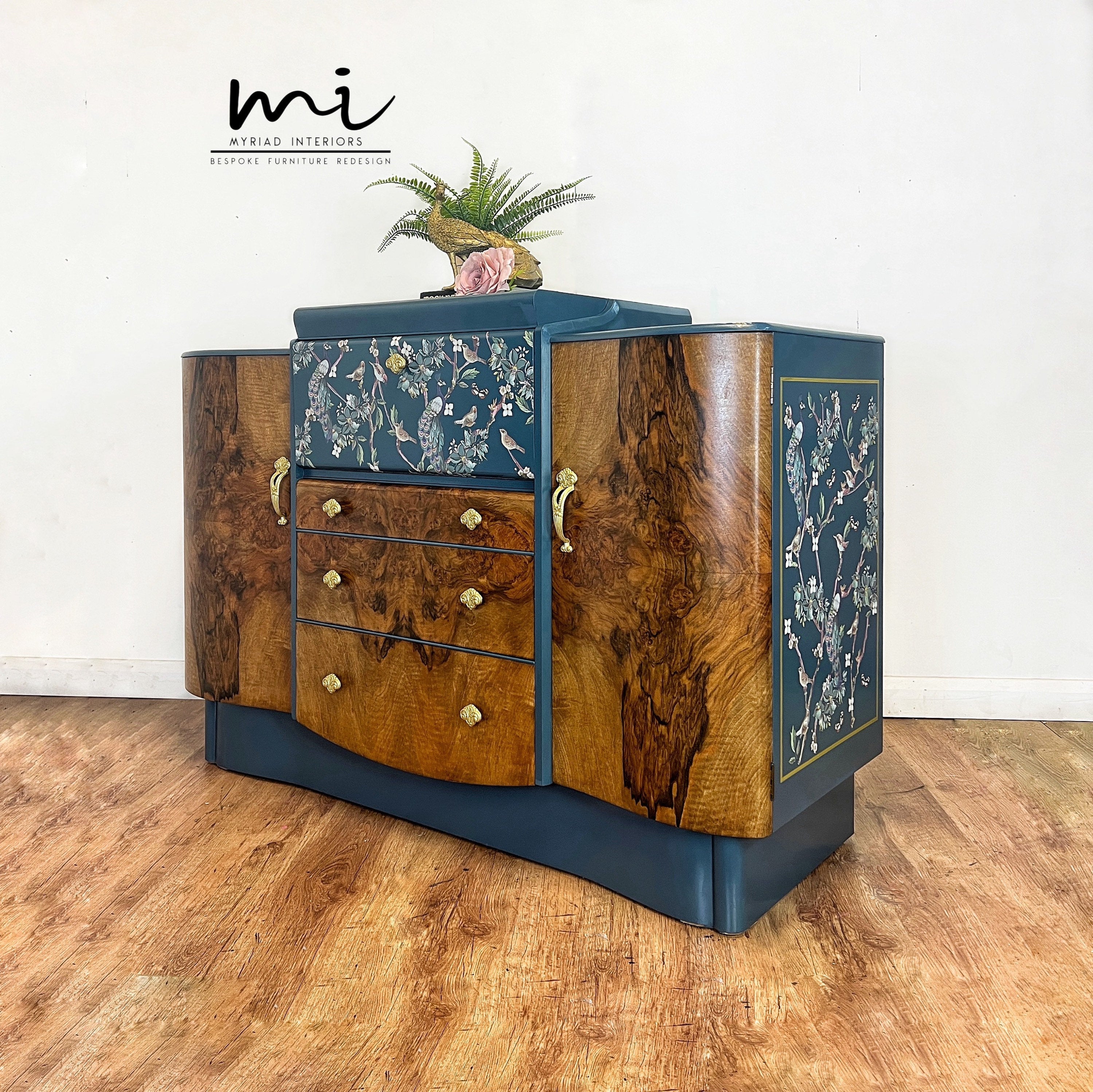 Art Deco Cocktail, Vintage Nathan Drinks Cabinet, skænk, Upcycled Gin Bar, Walnut, Teal Peacock - Image 3